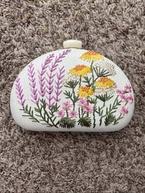Hand-Embroidered Floral Clutch in White with Yellow & Purple Flowers